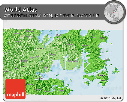 Political 3D Map of the Area around 29° 16' 6" N, 121° 37' 30" E