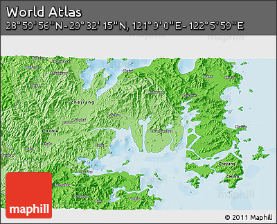 Political 3D Map of the Area around 29° 16' 6" N, 121° 37' 30" E