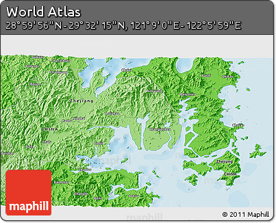 Political 3D Map of the Area around 29° 16' 6" N, 121° 37' 30" E