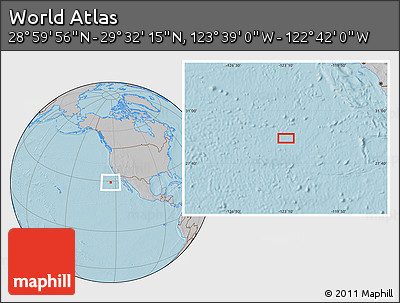 Gray Location Map of the Area around 29° 16' 6" N, 123° 10' 30" W, hill shading