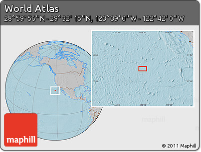 Gray Location Map of the Area around 29° 16' 6" N, 123° 10' 30" W, hill shading