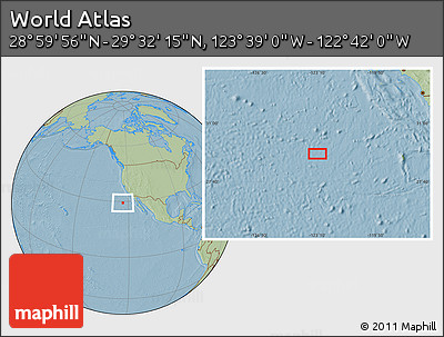 Savanna Style Location Map of the Area around 29° 16' 6" N, 123° 10' 30" W, hill shading