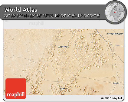 Satellite 3D Map of the Area around 29° 16' 6" N, 15° 22' 30" E