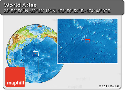Physical Location Map of the Area around 29° 16' 6" N, 174° 19' 29" E