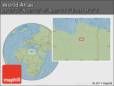 Savanna Style Location Map of the Area around 29° 16' 6" N, 21° 19' 30" E, hill shading