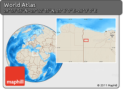 Shaded Relief Location Map of the Area around 29° 16' 6" N, 25° 34' 30" E