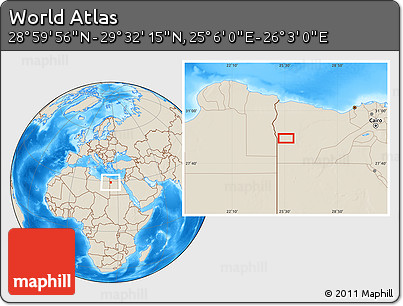 Shaded Relief Location Map of the Area around 29° 16' 6" N, 25° 34' 30" E