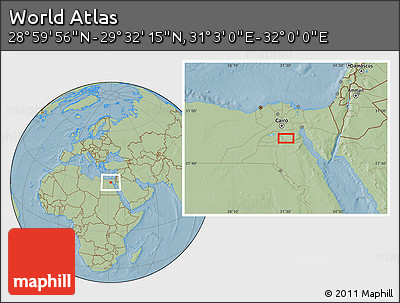 Savanna Style Location Map of the Area around 29° 16' 6" N, 31° 31' 29" E, hill shading