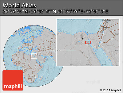 Gray Location Map of the Area around 29° 16' 6" N, 32° 22' 30" E, hill shading