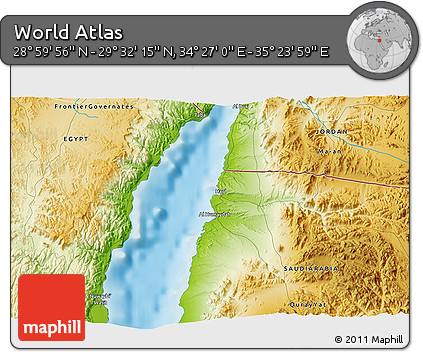Physical 3D Map of the Area around 29° 16' 6" N, 34° 55' 29" E