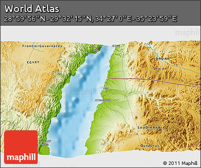Physical 3D Map of the Area around 29° 16' 6" N, 34° 55' 29" E