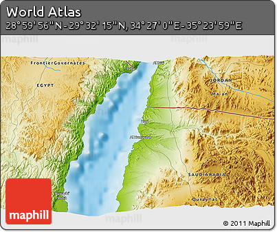 Physical 3D Map of the Area around 29° 16' 6" N, 34° 55' 29" E