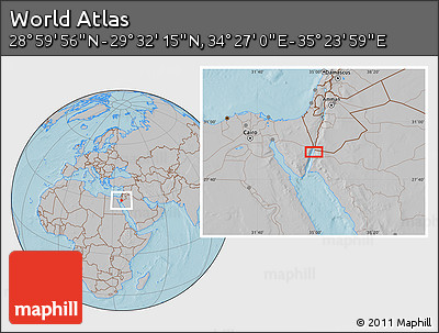 Gray Location Map of the Area around 29° 16' 6" N, 34° 55' 29" E, hill shading