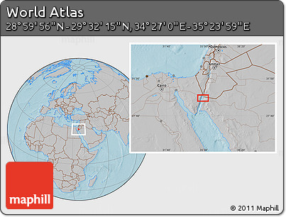 Gray Location Map of the Area around 29° 16' 6" N, 34° 55' 29" E, hill shading