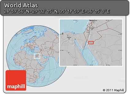 Gray Location Map of the Area around 29° 16' 6" N, 35° 46' 29" E, hill shading