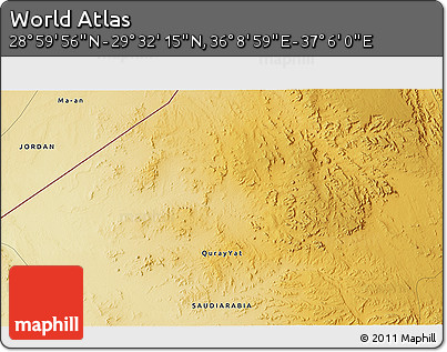 Physical 3D Map of the Area around 29° 16' 6" N, 36° 37' 30" E