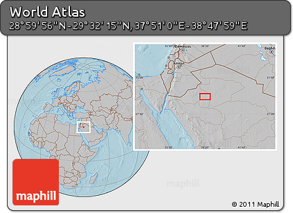 Gray Location Map of the Area around 29° 16' 6" N, 38° 19' 30" E, hill shading