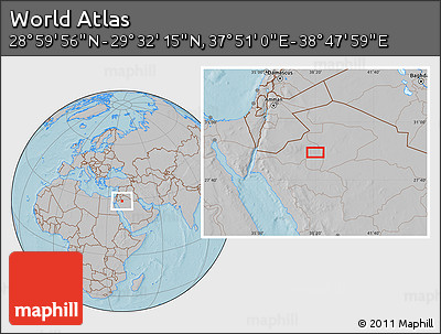 Gray Location Map of the Area around 29° 16' 6" N, 38° 19' 30" E, hill shading