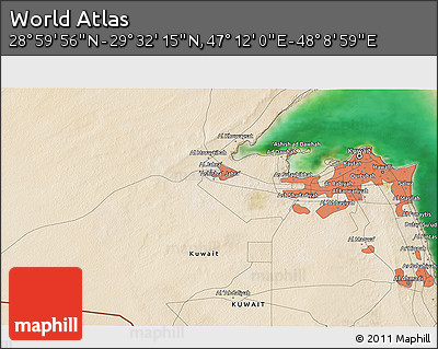 Satellite 3D Map of the Area around 29° 16' 6" N, 47° 40' 29" E