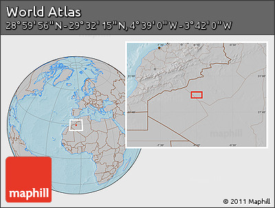 Gray Location Map of the Area around 29° 16' 6" N, 4° 10' 30" W, hill shading