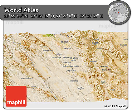 Satellite 3D Map of the Area around 29° 16' 6" N, 51° 55' 29" E