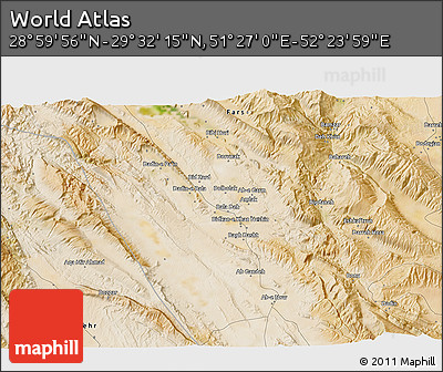 Satellite 3D Map of the Area around 29° 16' 6" N, 51° 55' 29" E