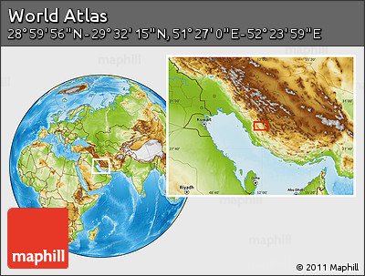 Physical Location Map of the Area around 29° 16' 6" N, 51° 55' 29" E