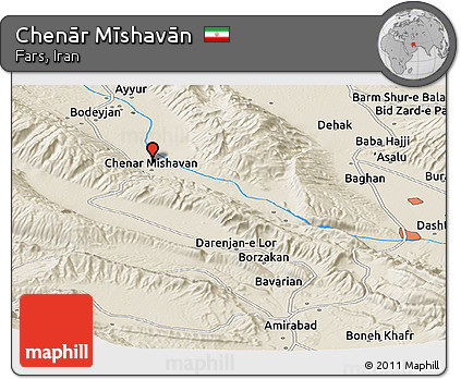 Shaded Relief Panoramic Map of Chenār Mīshavān