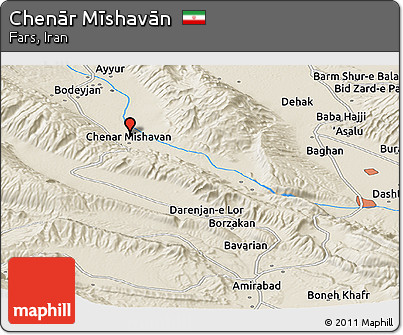 Shaded Relief Panoramic Map of Chenār Mīshavān