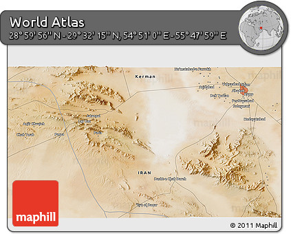 Satellite 3D Map of the Area around 29° 16' 6" N, 55° 19' 30" E