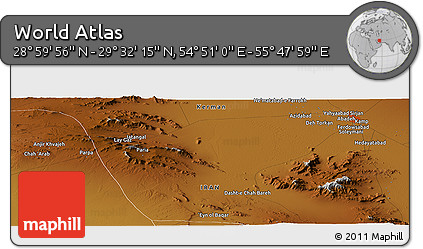Physical Panoramic Map of the Area around 29° 16' 6" N, 55° 19' 30" E