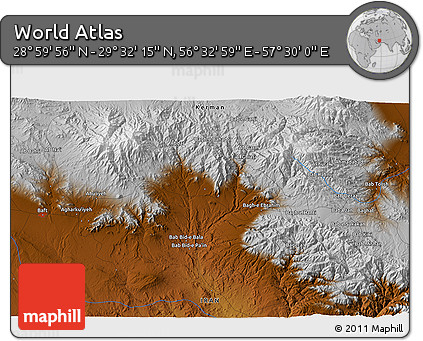 Physical 3D Map of the Area around 29° 16' 6" N, 57° 1' 29" E