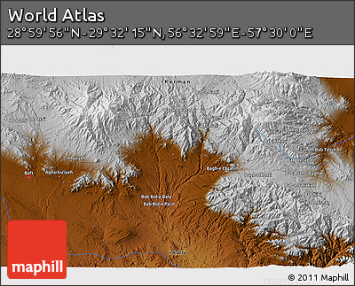 Physical 3D Map of the Area around 29° 16' 6" N, 57° 1' 29" E