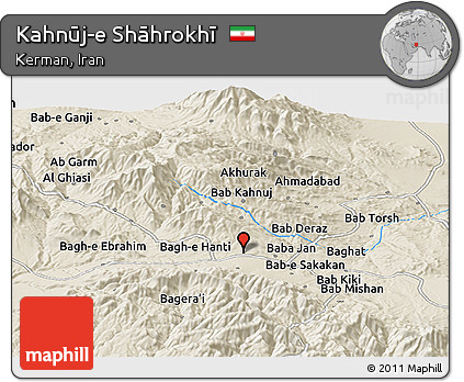 Shaded Relief Panoramic Map of Kahnūj-e Shāhrokhī