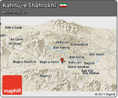 Shaded Relief Panoramic Map of Kahnūj-e Shāhrokhī