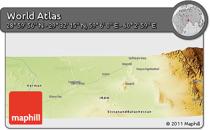 Physical Panoramic Map of the Area around 29° 16' 6" N, 59° 34' 30" E