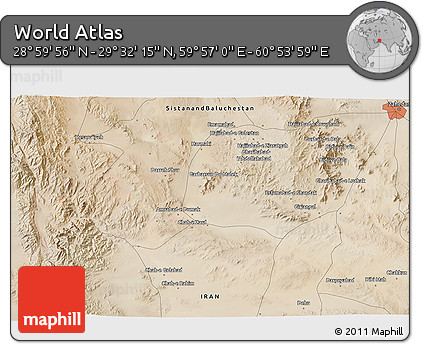 Satellite 3D Map of the Area around 29° 16' 6" N, 60° 25' 29" E