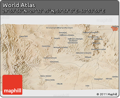 Satellite 3D Map of the Area around 29° 16' 6" N, 60° 25' 29" E