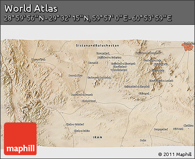 Satellite 3D Map of the Area around 29° 16' 6" N, 60° 25' 29" E