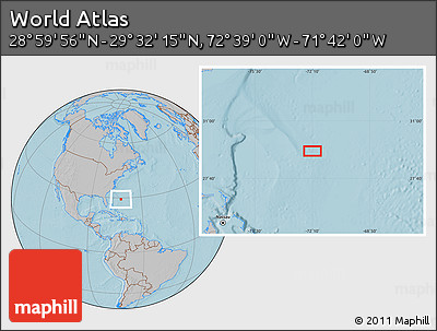 Gray Location Map of the Area around 29° 16' 6" N, 72° 10' 30" W, hill shading