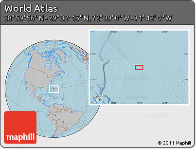 Gray Location Map of the Area around 29° 16' 6" N, 72° 10' 30" W, hill shading