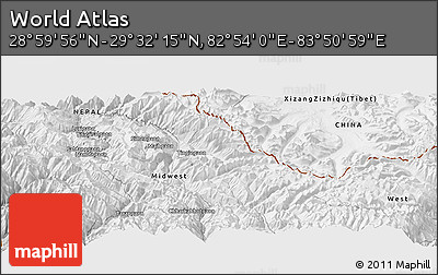 Physical Panoramic Map of the Area around 29° 16' 6" N, 83° 22' 30" E