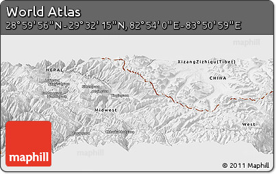 Physical Panoramic Map of the Area around 29° 16' 6" N, 83° 22' 30" E