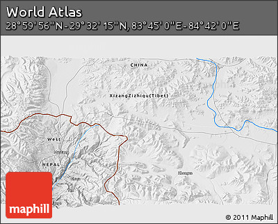 Physical 3D Map of the Area around 29° 16' 6" N, 84° 13' 29" E
