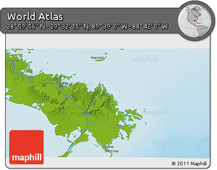 Physical 3D Map of the Area around 29° 16' 6" N, 89° 10' 30" W