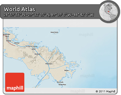 Shaded Relief 3D Map of the Area around 29° 16' 6" N, 89° 10' 30" W