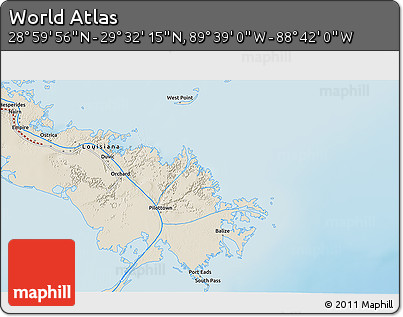 Shaded Relief 3D Map of the Area around 29° 16' 6" N, 89° 10' 30" W