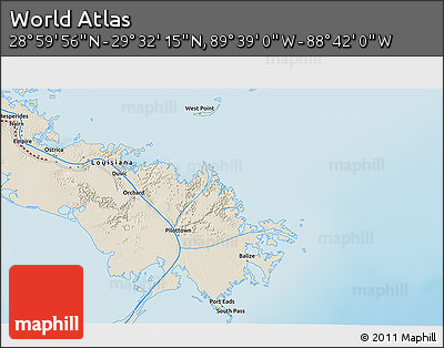 Shaded Relief 3D Map of the Area around 29° 16' 6" N, 89° 10' 30" W