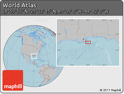 Gray Location Map of the Area around 29° 16' 6" N, 89° 10' 30" W, hill shading