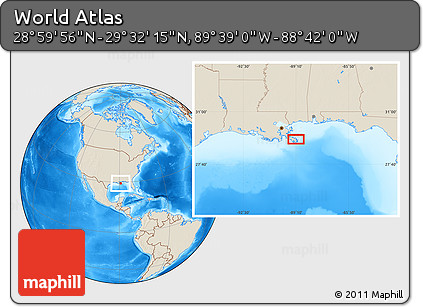 Shaded Relief Location Map of the Area around 29° 16' 6" N, 89° 10' 30" W